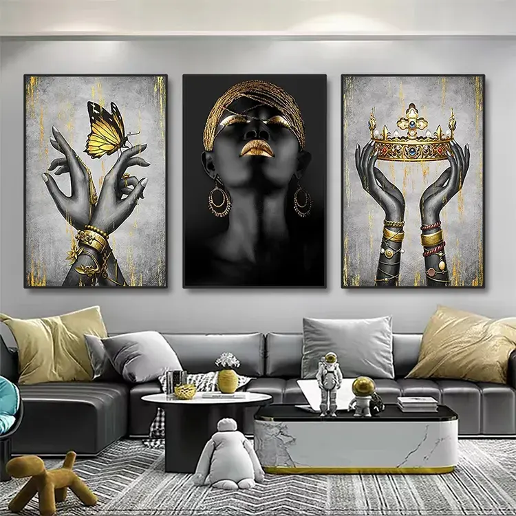 도매 고품질 3 패널 검은 아프리카 여성 포스터 및 인쇄 벽 예술 그림 아프리카 캔버스 가정 장식을 위한 회화