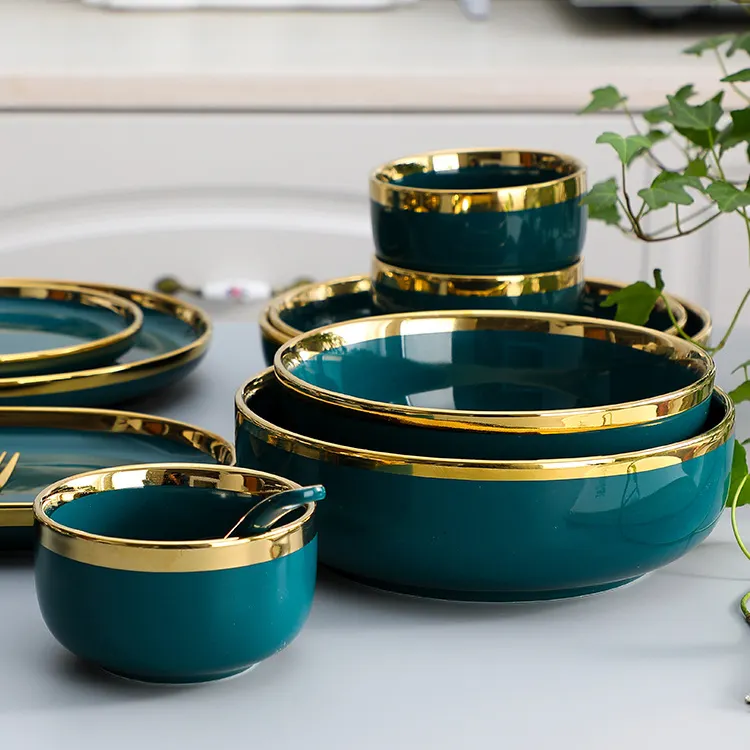 Luxury Green Ceramic Dinnerware Set for Restaurant   Hotel round Green Food Plate   Salad Soup Bowl Elegant Dinner Plates Dishes