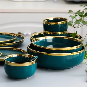 Luxury Green Ceramic Dinnerware Set For Restaurant Hotel Round Green Food Plate Salad Soup Bowl Elegant Dinner Plates Dishes