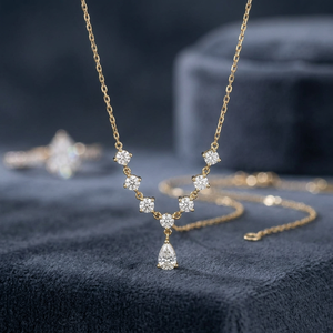 14K <b>Solid</b> <b>Gold</b> Pear Cut Diamond <b>Pendant</b> Necklace Minimalist Geometric Design Rhodium Plated Link Chain Luxury Wedding Jewelry - Product Image 3