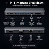 Hub Multipuerto USB-C 11 en 1 de Aleación de Aluminio, Carga Rápida PD de 100W, USB 3.0 a 5Gbps, Video 4K, Lector SD/TF, Garantía de 12 Meses, Disponible en Stock