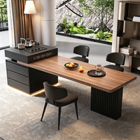 Table longue simple avec plateau en pierre, table à manger en bois massif, armoire de bar, îlot de cuisine, idéale pour salle à manger et villa