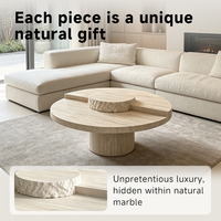 Table basse ronde en travertin blanc naturel avec bord brut, ornement en pierre, table basse minimaliste en pierre
