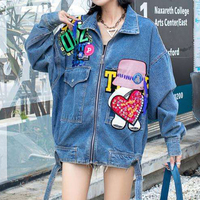 OEM personnalisé dessin animé taille-serré veste en jean femmes style ample haute rue veste femme à manches longues bleu jean manteau