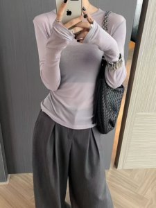 Maglietta a <span class=keywords><strong>Maniche</strong></span> <span class=keywords><strong>Lunghe</strong></span> da Donna 2026 con Collo Rotondo, Alta Elasticità, Tessuto Trasparente, Cucitura Posteriore, Vestibilità Aderente, Singolo Strato - Product Image 6