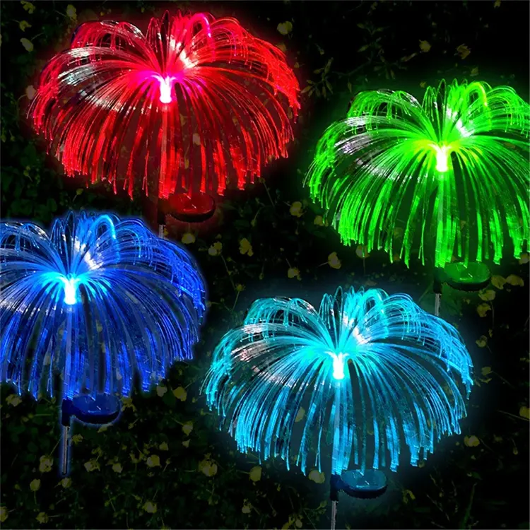 Lampu Taman Tenaga Surya 7 Warna Luar Ruangan Tahan Air Serat Optik Ubur-ubur Lampu Rumput Teras Luar Ruangan Dekorasi Halaman Villa