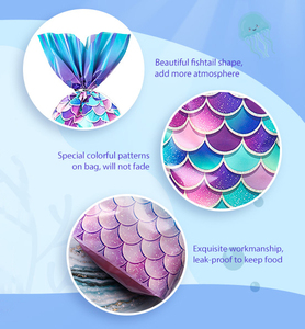 Birthday Girls Mermaid Party Favors Goodie Candy Bags Bolsas <span class=keywords><strong>de</strong></span> celofán <span class=keywords><strong>de</strong></span> fondo ancho con lazos plateados - Product Image 6
