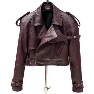 <b>Women</b> <b>Brown</b> Asymmetric Motorcycle <b>Jacket</b> Turn-down Collar Rivet Belt Long Sleeve Short Autumn Wholesale Custom LOGO Design 2026 - Product Image 1