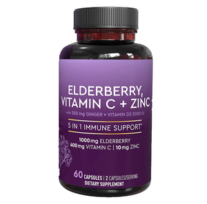 OEM PRIVATE LABEL Elderberry vitamin C +zinc with 300mg ginger+ vitamin d3 5000 iu Supports Immune Health + Function and promote