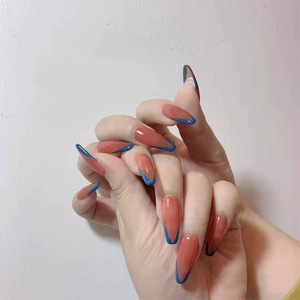 <span class=keywords><strong>Uñas</strong></span> postizas de estilo francés, diseño Simple, borde azul, decoración de manicura de longitud media, <span class=keywords><strong>uñas</strong></span> artificiales acrílicas, baratas - Product Image 2