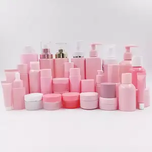 Luxury Full Pink Cosmetic Packaging Container Pink Jar Pink Lotion Bottle Pink Soft Tube OEM Color Printing Skincare Packaging