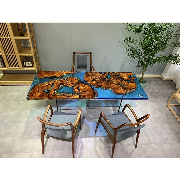 Commerciële Conferentie Epoxyhars Tafel Top Ftopor Rivier Tafel Met Diy Decors Zee Dier En Bloem Plant