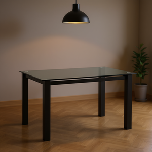 Table à manger rectangulaire moderne avec plateau en verre trempé, pieds en métal noir, 4 places, pour salon et cuisine - Product Image 2