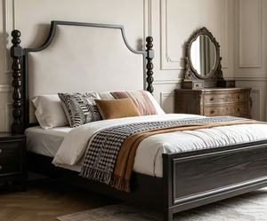 Premium Queen Size Black Wood Spindle <b>Bed</b> With Beige Upholstered Headboard For Bedroom - Product Image 3