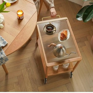 Solid Wood Coffee Table With Glass <b>Top</b> Movable Trolley For Living Room Small Apartment Japanese Style - Product Image 1