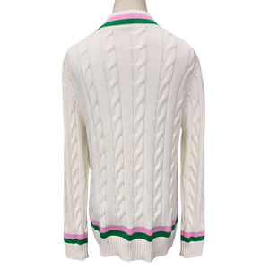 Jersey personalizado de manga larga con cuello en V y ribete de Color en contraste para mujer, suéter de punto de algodón verde rosa 7gg de OEM - Product Image 4
