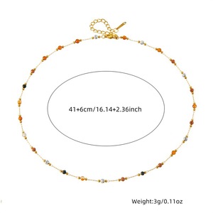 European American Style Retro Colorful Stone Beaded Chain Stainless Steel Gold Plated Necklace - Product Image 4