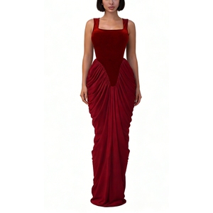 ชุดเดรสแม็กซี่ผ้ากำมะหยี่สำหรับผู้หญิง - ชุดเดรสคอเหลี่ยมแขนกุดสำหรับงานทางการแฟชั่น - Product Image 1