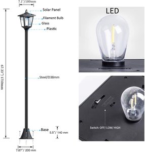 Lampadaire de jardin solaire à LED, lumière blanc chaud, abat-jour en verre, corps en fer, IP66, 2700K, détecteur de mouvement, garantie 10 ans, éclairage extérieur - Product Image 4