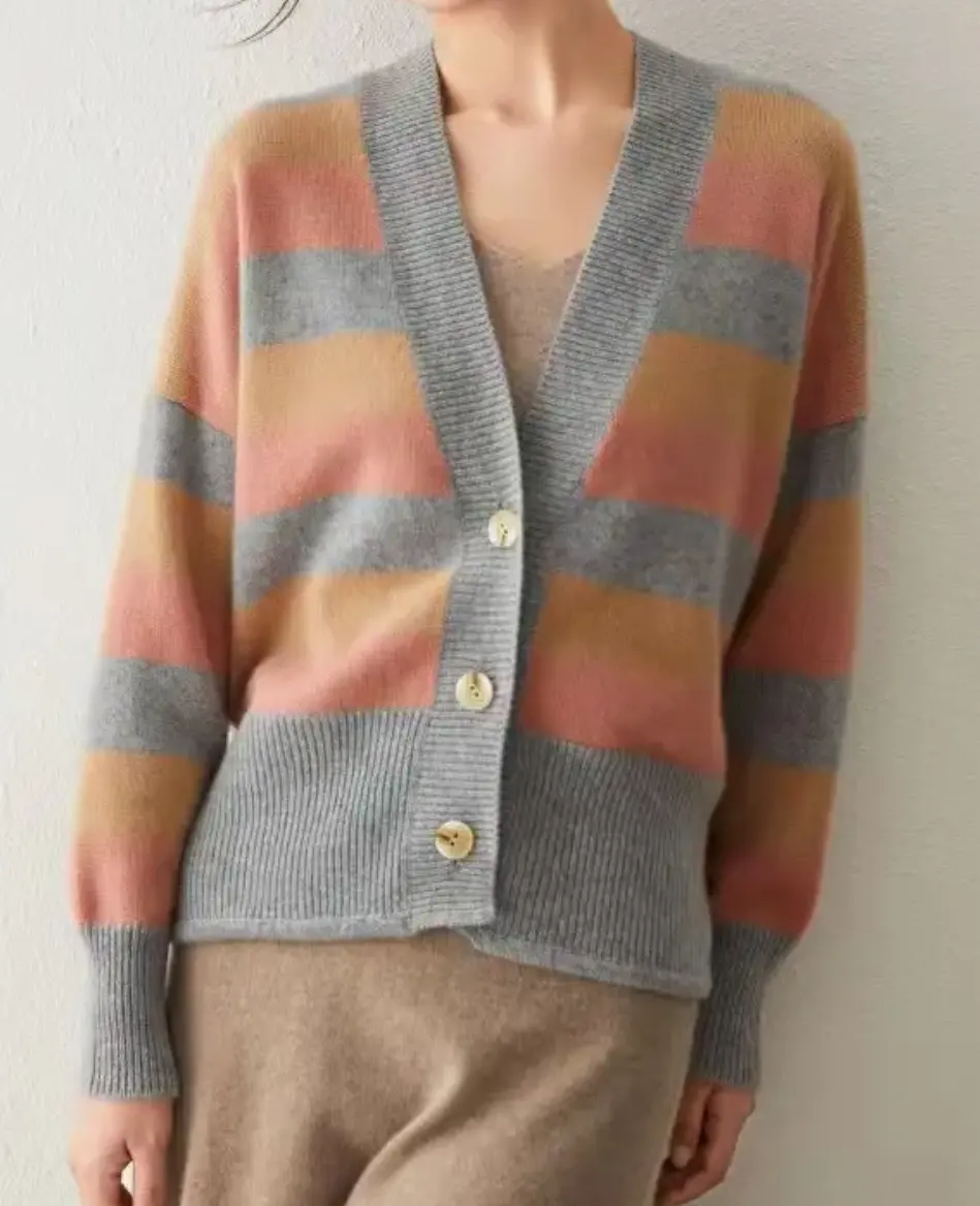 Acryla and Merino wool melange knitted striped sweater/cardigan for lady/woman