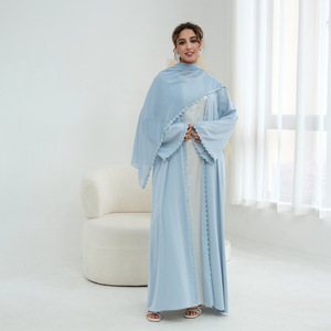 Abaya Pronta per la Spedizione in Tessuto Nida con Pizzo Floreale, Abbigliamento Islamico per Donne, Abaya Aperta, Vestito Musulmano da Donna, <span class=keywords><strong>Cardigan</strong></span> Abaya con Hijab - Product Image 3