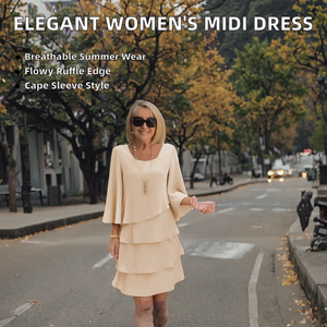 Elegante Vestido Mini de Gasa para Mujer, Cuello Redondo, Manga Acampanada, Diseño en Capas, Corte Holgado, Color Sólido, Estilo Casual de Verano - Product Image 2