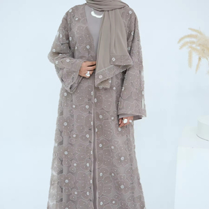 Nouvelle Abaya de luxe faite à la main à Dubaï, dentelle texturée, perles florales, cardigan perlé, Abaya pour femmes musulmanes, robes modestes, ensemble de 3 pièces - Product Image 5