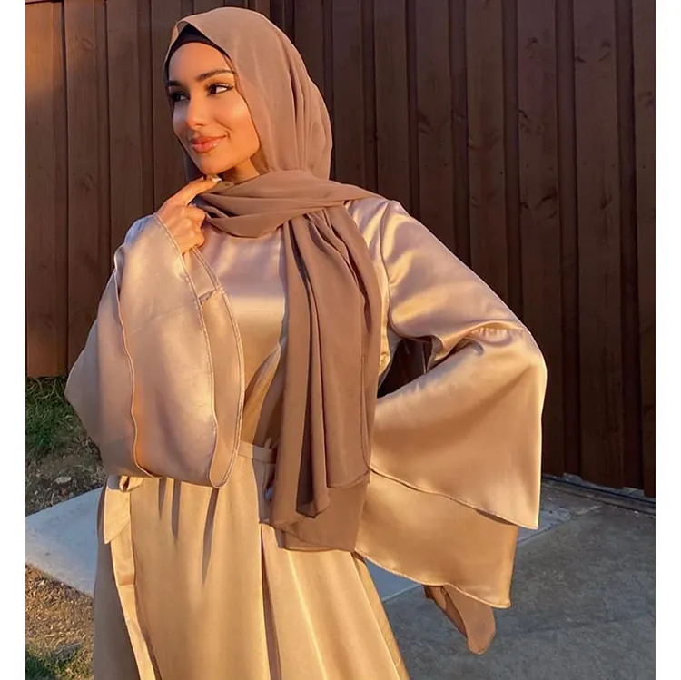 2024 Islamic Clothing Turkey Ramadan Gown Solid Cake Ruffle Bell Double Flare Sleeve Satin Muslim Kaftan Women Dress Abaya