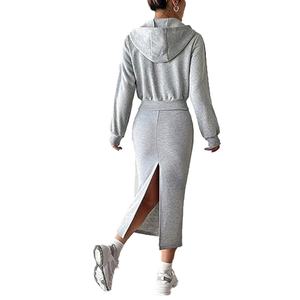 แฟชั่นมาใหม่ ชุดลำลองผู้หญิง 2 ชิ้น เสื้อฮู้ดครอปซิป และเดรสยาวทรงดินสอเข้ารูป - Product Image 5