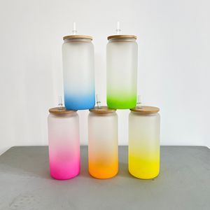 16oz 20oz Ombre Color Wide Mouth <b>Reusable</b> Smoothie <b>Cup</b> Blank Sublimation Frosted Glass Can Tumblers <b>with</b> Bamboo <b>Lid</b> and Straw - Product Image 1