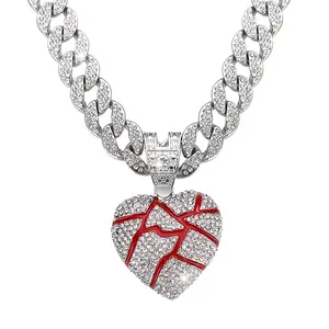 2024 DIY Iced out cuban chain alloy with rhinestone hip hop red oil broken heart pendant necklace