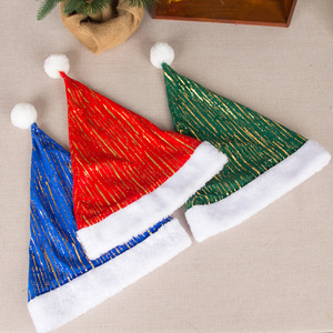Nuova Decorazione Natalizia, Cappello di Natale in Peluche Corto <span class=keywords><strong>Rosso</strong></span>, Verde e Blu con Bordi Dorati in Rilievo - Product Image 2