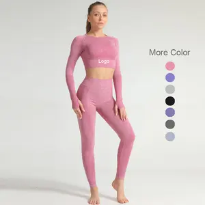 流行的无缝瑜伽健身房服装点3件装裁剪上衣和胸罩底部健身运动服瑜伽运动服套装