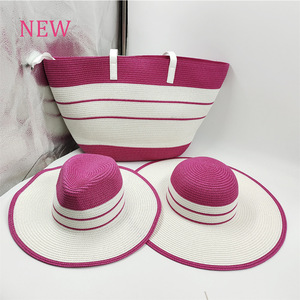 Ensemble d'été pliable 3 pièces - Chapeau de paille à large bord rayé et sac fourre-tout tressé, combo respirant de protection solaire pour l'extérieur, casquette au crochet - Product Image 1