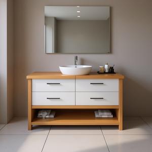 Meuble-lavabo de salle de bain 63 pouces en bois massif brun clair, design minimaliste avec tiroirs et vasque en céramique, sur pieds - Product Image 2