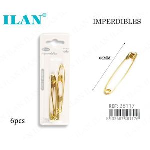 Épingles de sécurité Ilan 65 mm dorées, lot de 6, pour vêtements - Product Image 1