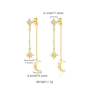 Thanh Lịch Bán Buôn 925 Sterling Silver 18K Mạ Vàng Dài Tua Mặt Trăng Sao <span class=keywords><strong>Dangle</strong></span> Stud Bông Tai Cho Phụ Nữ - Product Image 5