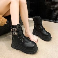 Bottes de moto pour femme, hiver, à lacets, plateforme épaisse, tige en PU artificiel, semelle extérieure en caoutchouc, fabrication ODM/OEM