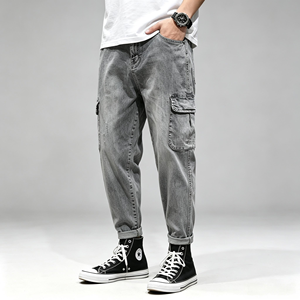 Jeans Harem da <span class=keywords><strong>Uomo</strong></span> a Gamba Larga con Tasche Cargo, Vestibilità Comoda, in Denim Elasticizzato Lavaggio Chiaro, <span class=keywords><strong>Pantaloni</strong></span> Casual in Cotone - Product Image 5