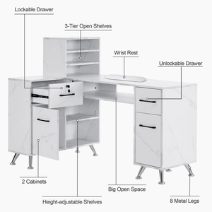 L-hình góc Vanity trang điểm bàn làm móng tay bảng với có thể khóa ngăn kéo phong phú Nail bàn với một số ngăn kéo Nail trang điểm bảng - Product Image 5