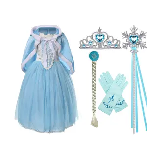 Peruca de princesa elsa com capuz, fantasia colecionável de princesa, vestido de festa de aniversário, varinha de festa, carnaval, vestido fantasia