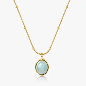 Stainless Steel Jewellery Star of Ocean Blue Oval Aquamarine Pendant Necklace Clavicle Chain Titanium Steel 18k Gold plated