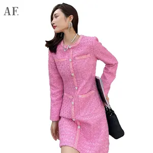 Anfeiouna 패션 빈티지 여성 의류 핑크 스팽글 긴 소매 트위드 싱글 브레스트 포켓 숙녀 트위드 드레스