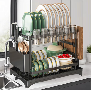 Modern <b>Dish</b> Rack Space-Saving 2-Tier <b>Dish</b> Drainer Organizer Drainboard Set Folding Drying Rack Drainer Cutlery Drainer - Product Image 1