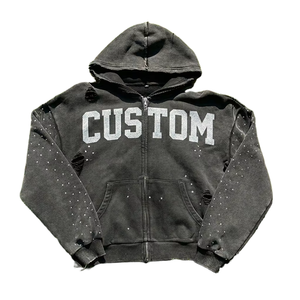 Sweat à capuche zippé personnalisé pour homme, épais, délavé, vieilli, déchiré, avec impression DTG, strass et effet délavé à l'acide - Product Image 1