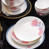 Service de table en porcelaine fine à motif floral de pivoine rose avec bord bleu, vaisselle élégante en céramique pour la maison, les dîners et les fêtes, ensemble de 52 pièces