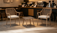 Ensemble bistrot moderne en corde tressée pour extérieur, chaise de salle à manger avec structure en acier et table d'appoint à plateau en marbre pour balcon, café, jardin