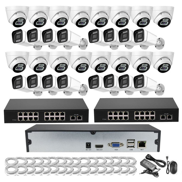 Network CCTV Kit 8MP 4K IP Cameras 32ch NVR POE Set 32 Cameras Full Color 2pcs 16ch Poe Switch