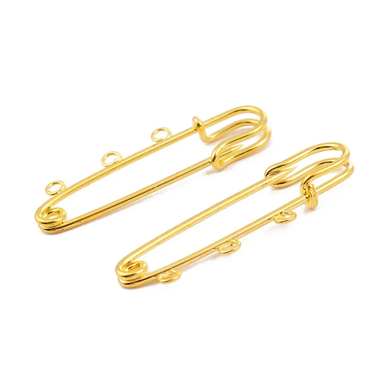 Custom Simple Gold Plated Large Safety Pins Brooches Connectors With 3 Loops