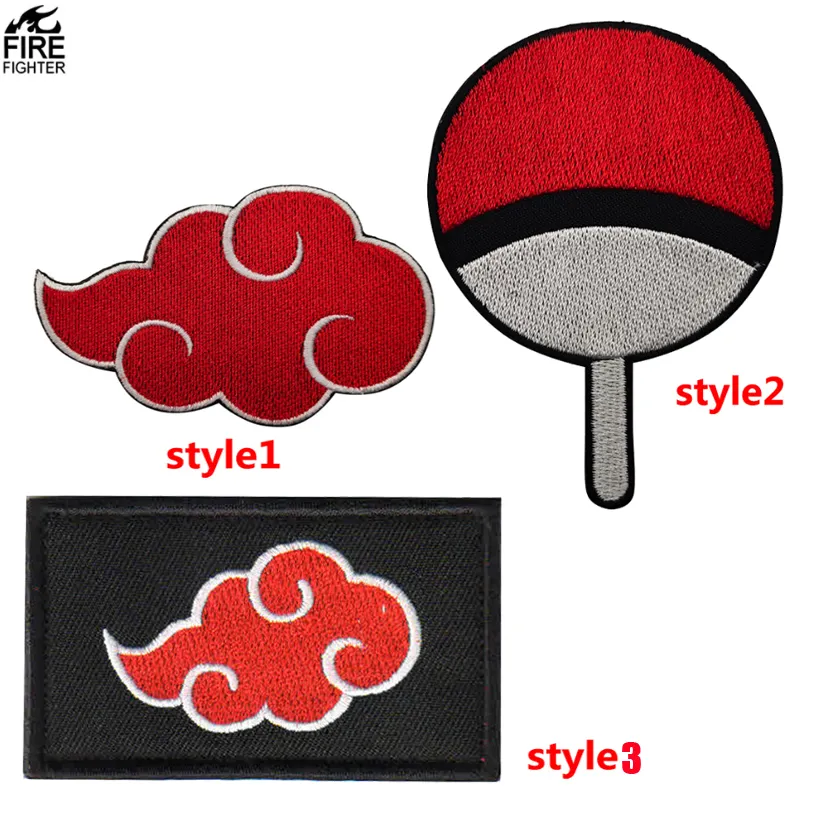 Aplique de desenhos animados japoneses, remendo em nuvem vermelho, tático, bordado, fixador de gancho, fundo preto